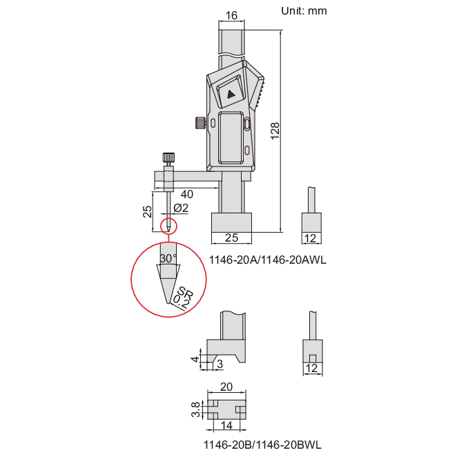 Insize Mini Digital Height Gauge 0-20mm/0-0.8" Range Series 1146-20A - Twin Eagle Imports