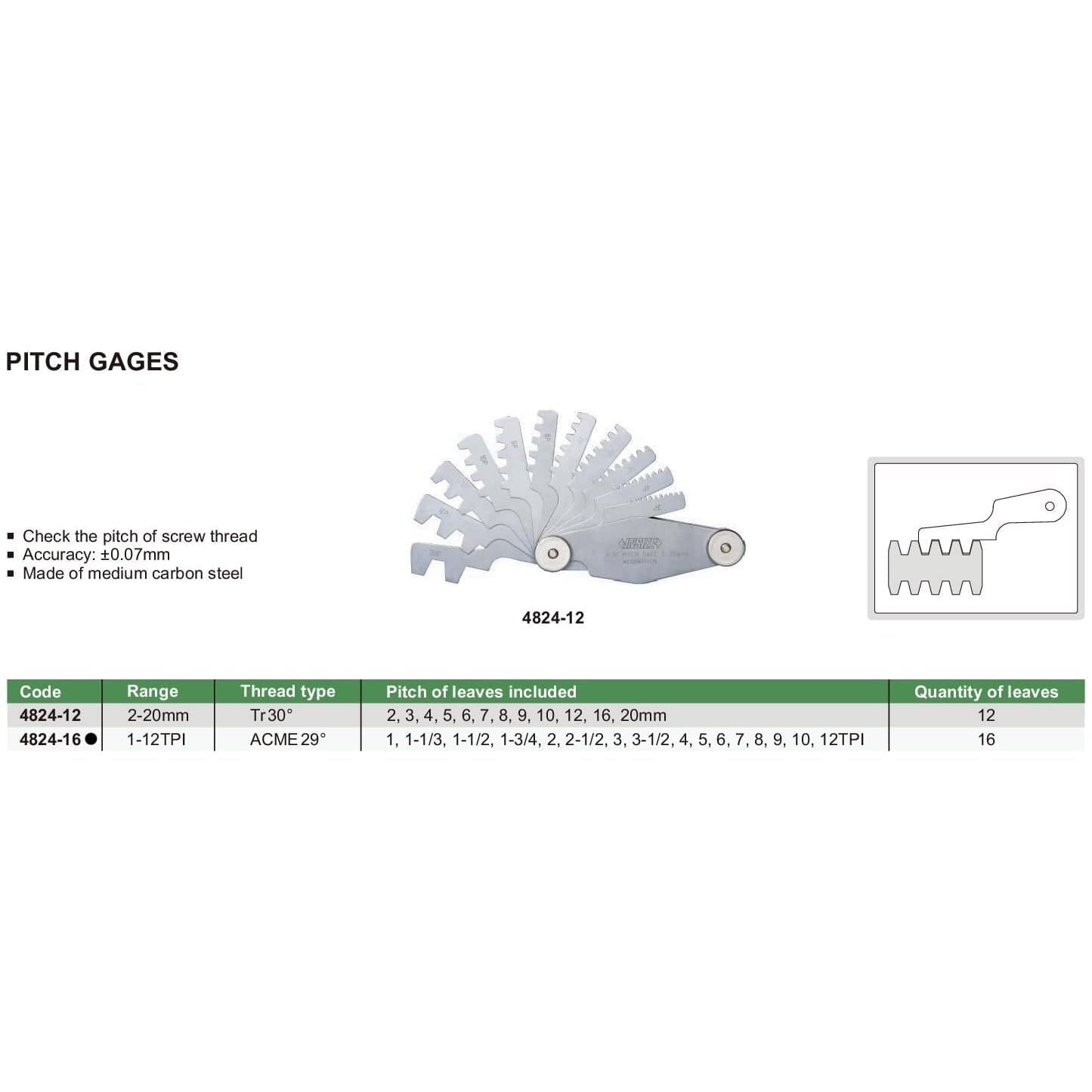 Insize Pitch Gauge 1-12TPI Range Series 4824-16 - Twin Eagle Imports
