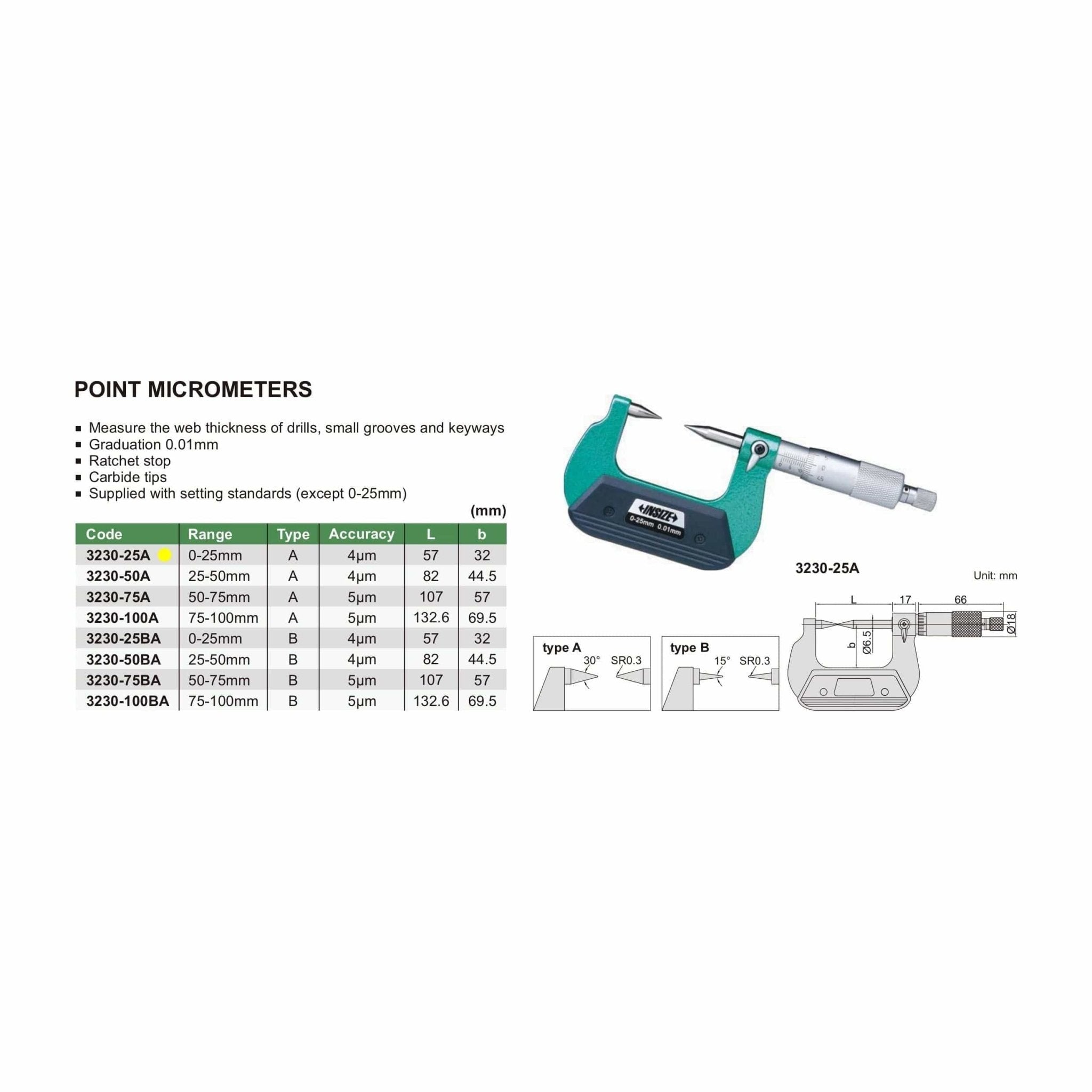 Insize Point Micrometer 0-25mm Range Series 3230-25A - Twin Eagle Imports