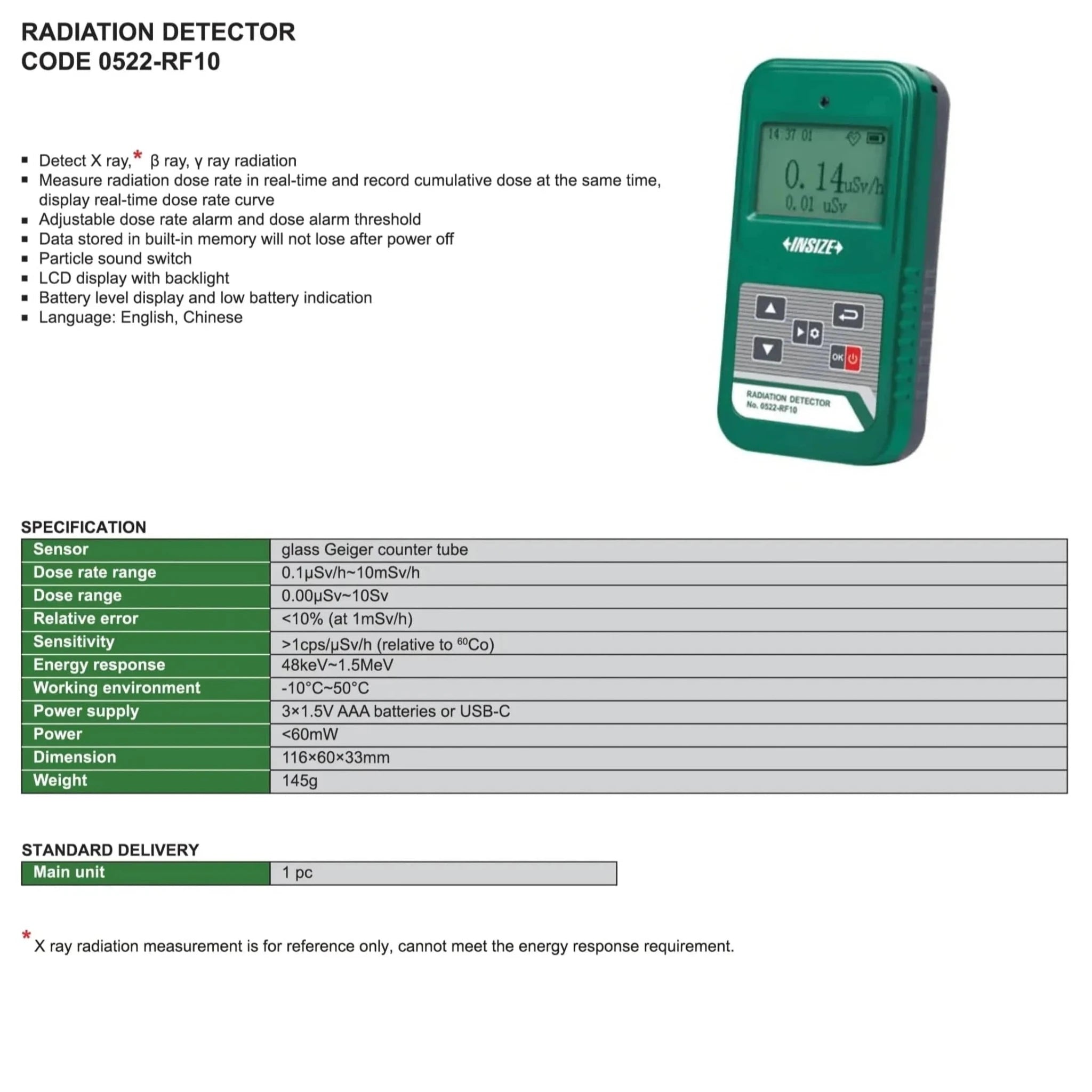 INSIZE Radiation Detector Series 0522-RF10 - Twin Eagle Imports