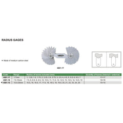 Insize Radius Gauge Set 15.5-25mm Range Series 4801-15 - Twin Eagle Imports