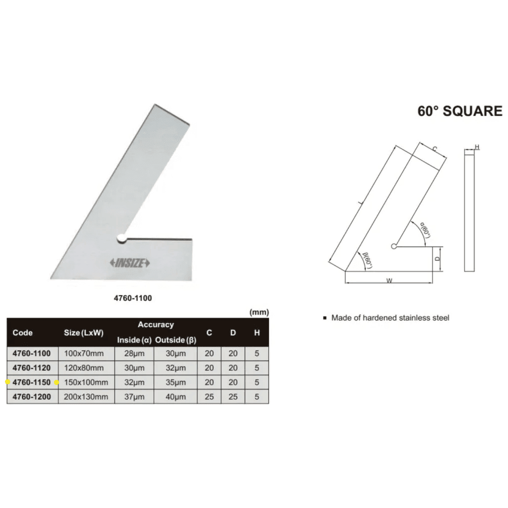 Insize Range 60° Square 150 X 100mm Series 4760-1150 - Twin Eagle Imports