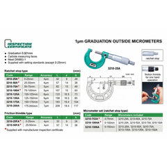 Insize Ratchet Stop Type Outside Micrometer 0-25mm Range Series 3210-25A - Twin Eagle Imports
