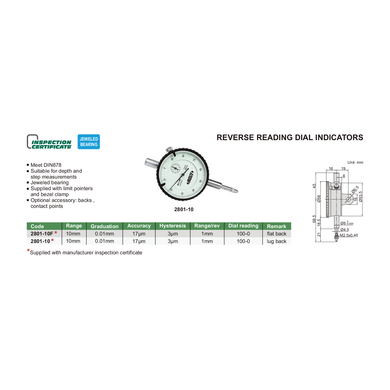 Insize Reverse Reading Dial Indicator 0-10mm x 0.01mm Range Series 2801-10 - Twin Eagle Imports