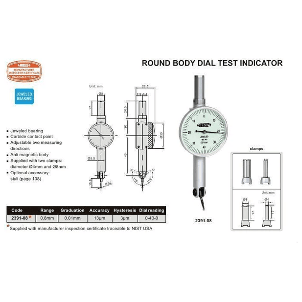 Insize Round Body Dial Test Indicator Range Series 2391-08 - Twin Eagle Imports