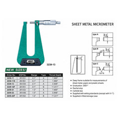 Insize Sheet Metal Micrometer 0-1" Range Series 3239-11 - Twin Eagle Imports