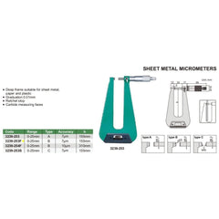 Insize Sheet Metal Micrometer 0-25mm Range Series 3239-253F - Twin Eagle Imports