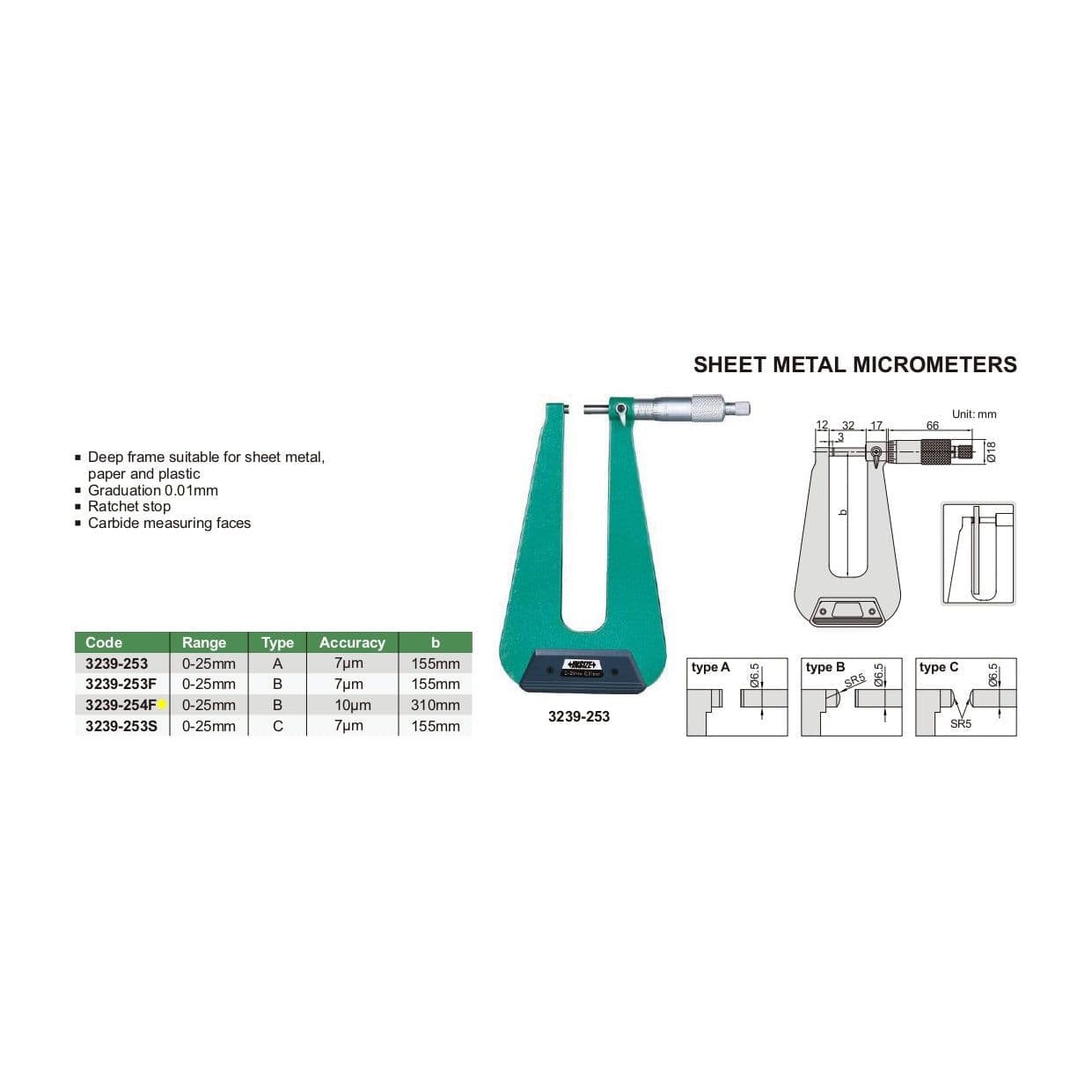 Insize Sheet Metal Micrometer 0-25mm Range Series 3239-254F - Twin Eagle Imports