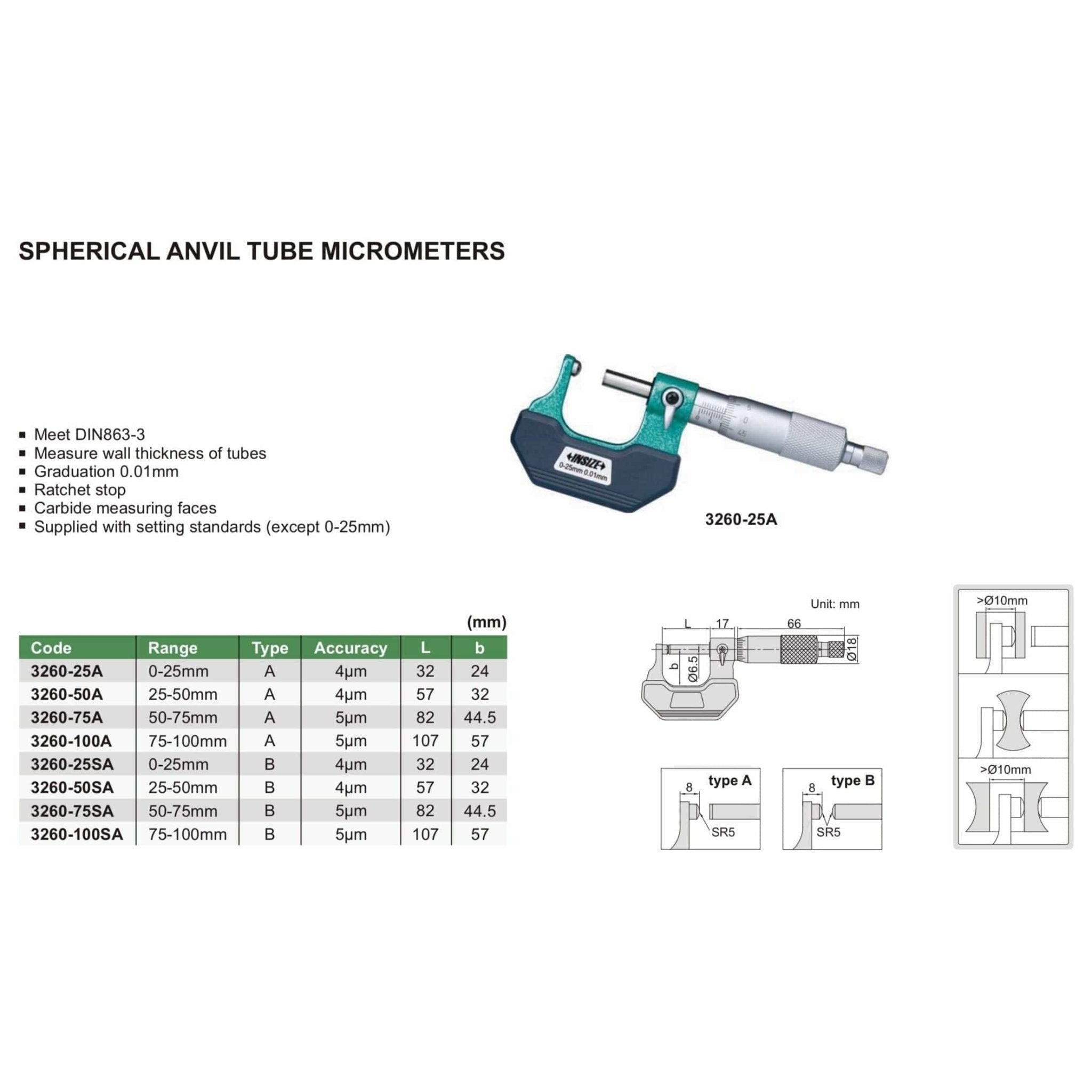 Insize Spherical Anvil Tube Micrometer 0-25mm Type A Series 3260-25A - Twin Eagle Imports