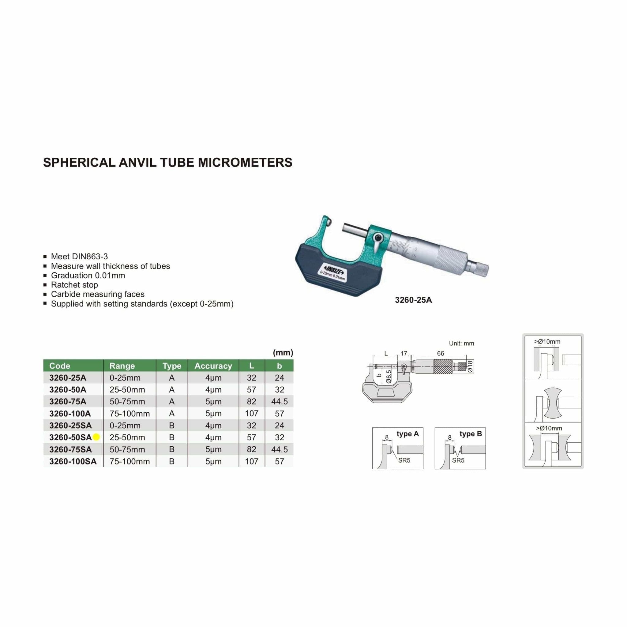 Insize Spherical Anvil Tube Micrometer 25-50mm Type B Series 3260-50SA - Twin Eagle Imports