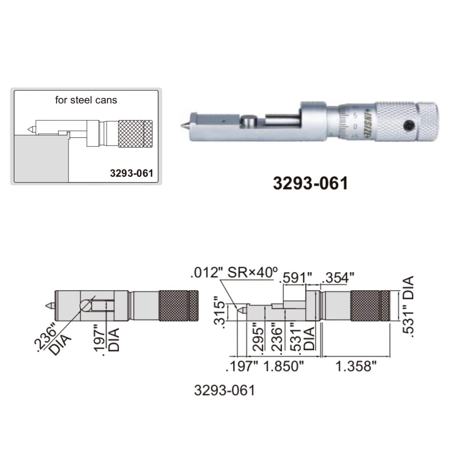 Insize Steel Can Seam Micrometer 0-0.6" Range Series 3293-061 - Twin Eagle Imports