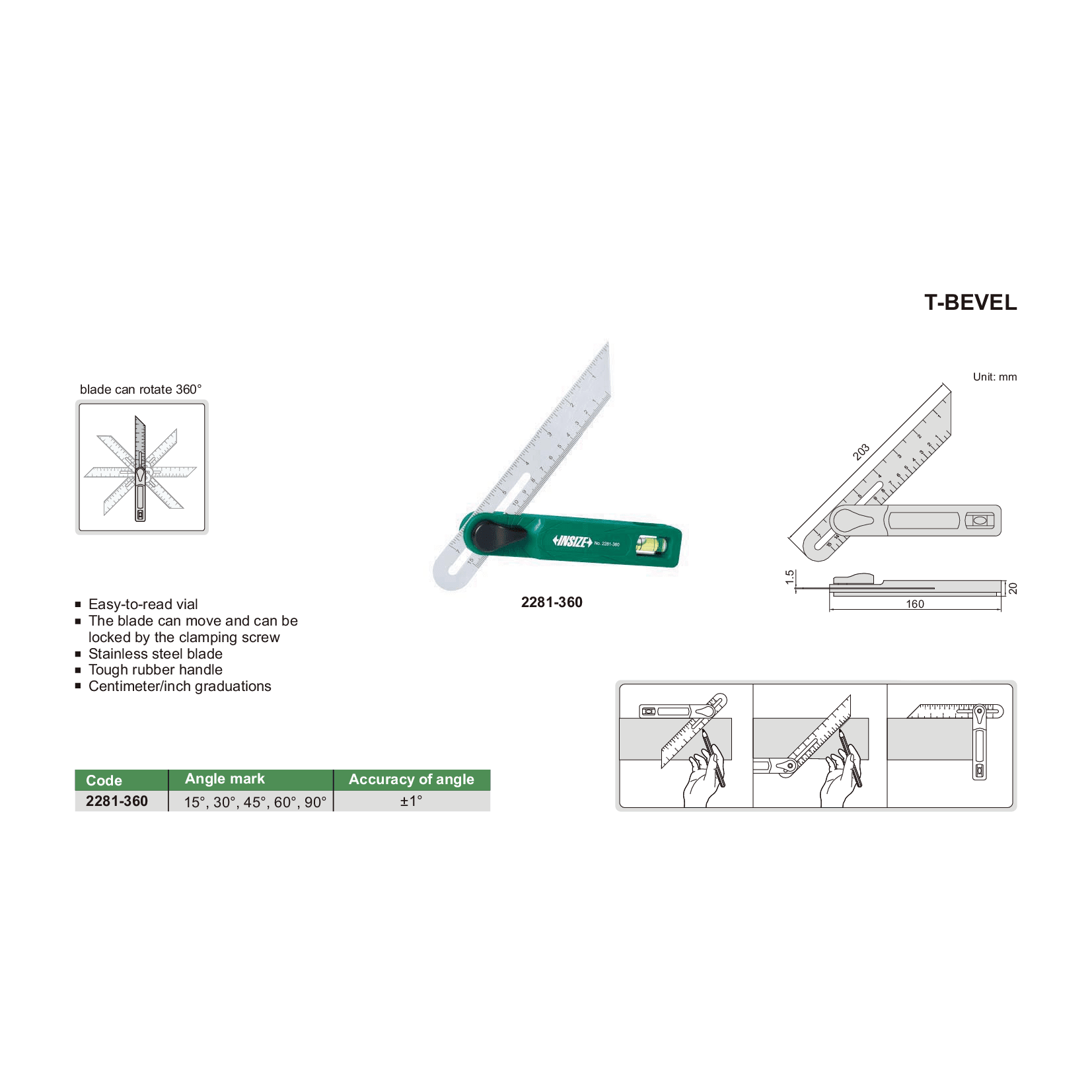 Insize T-Bevel 203 mm Blade Series 2281-360 - Twin Eagle Imports