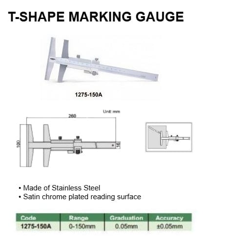 Insize T-Shape Marking Gauge 0-150mm Range Series 1275-150A - Twin Eagle Imports
