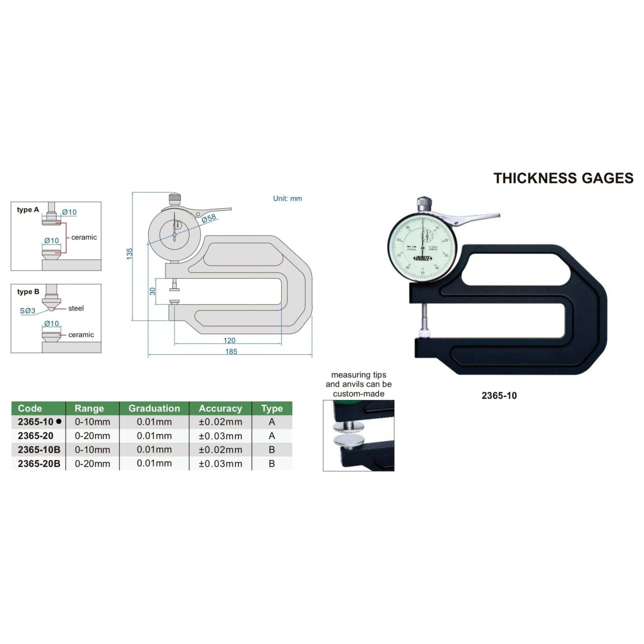 Insize Thickness Gauge 0-10mm x 0.01mm Range Series 2365-10 - Twin Eagle Imports