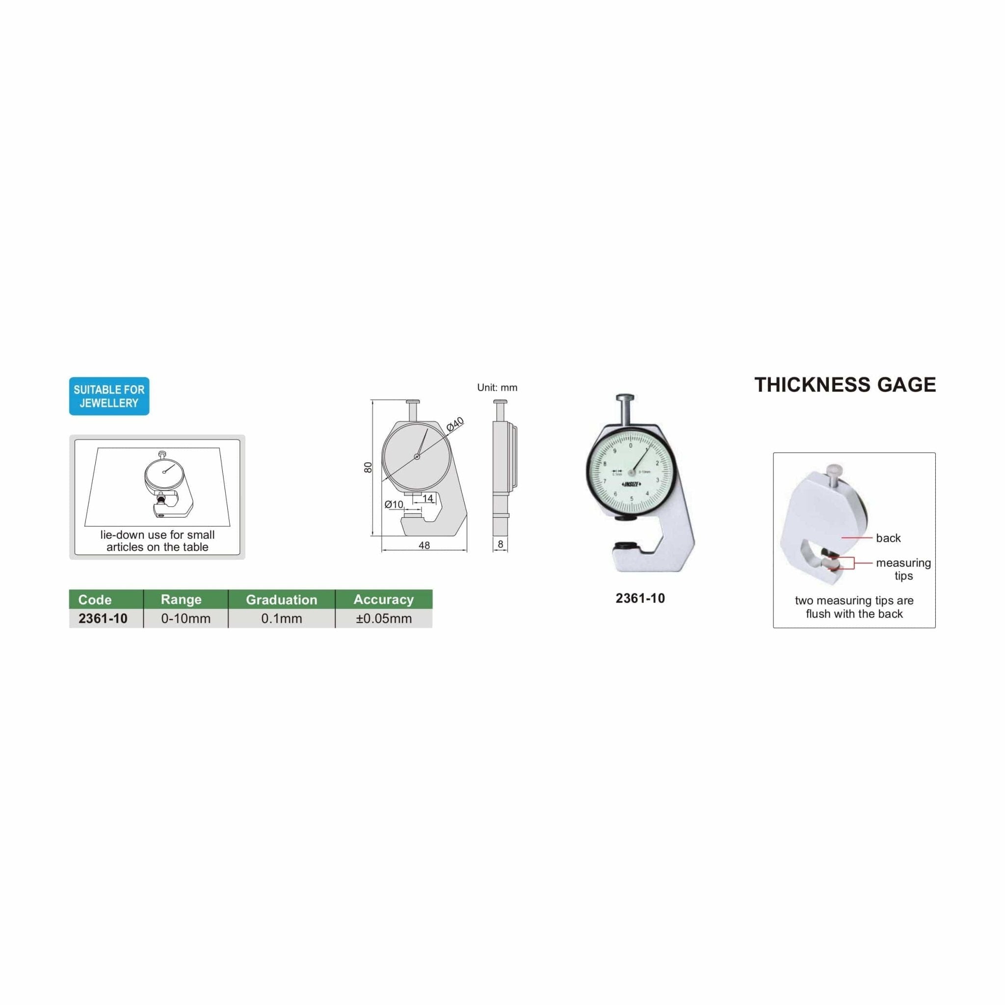 Insize Thickness Gauge 0-10mm x 0.1mm Range Series 2361-10 - Twin Eagle Imports