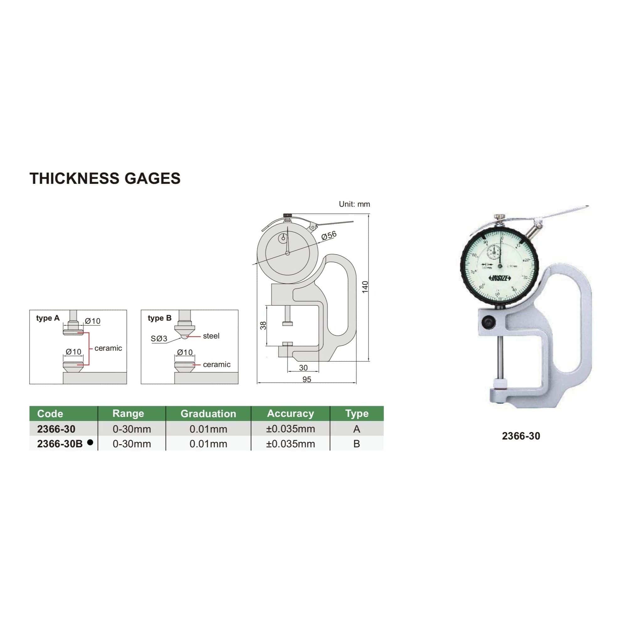 Insize Thickness Gauge 0-30mm x 0.01mm Range Series 2366-30B - Twin Eagle Imports