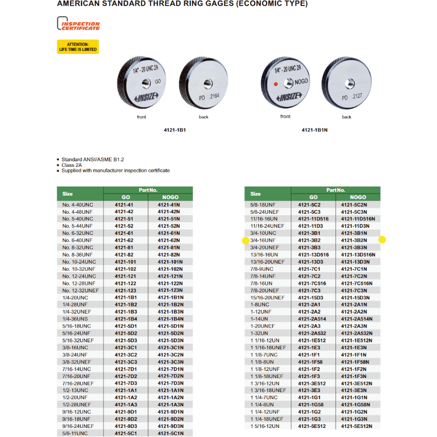 Insize Thread GO Ring Gauge 3/4"-16 UNF Series 4121-3B2 - Twin Eagle Imports