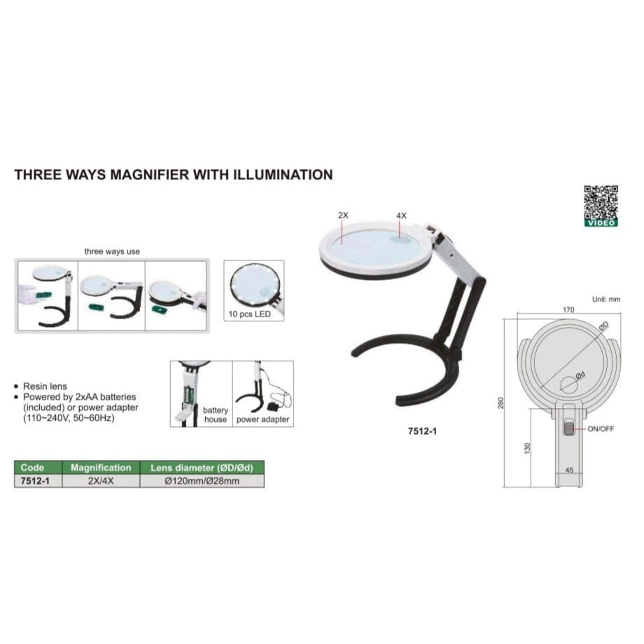Insize Three-Way Magnifier with Illumination 2X/4X Series 7512-1 - Twin Eagle Imports