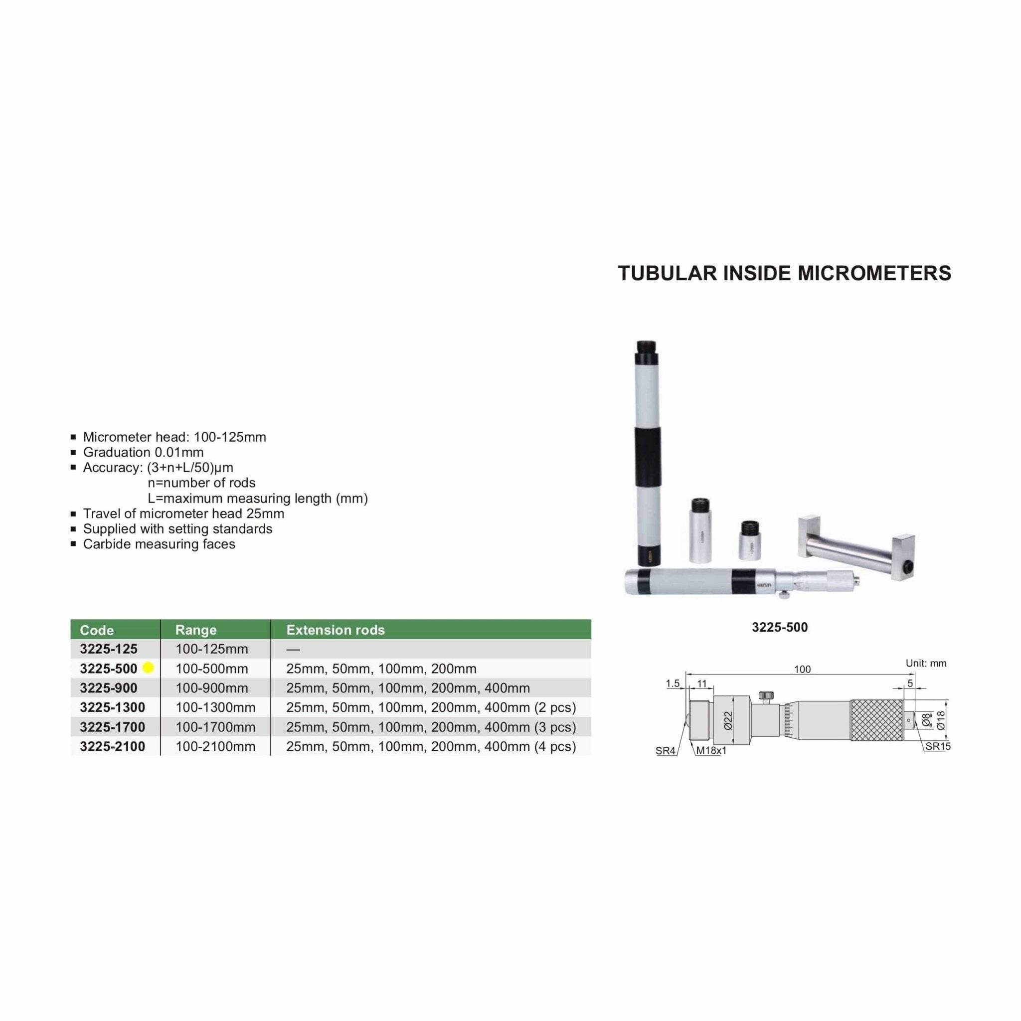 Insize Tubular Inside Micrometer 100-500mm Range Series 3225-500 - Twin Eagle Imports