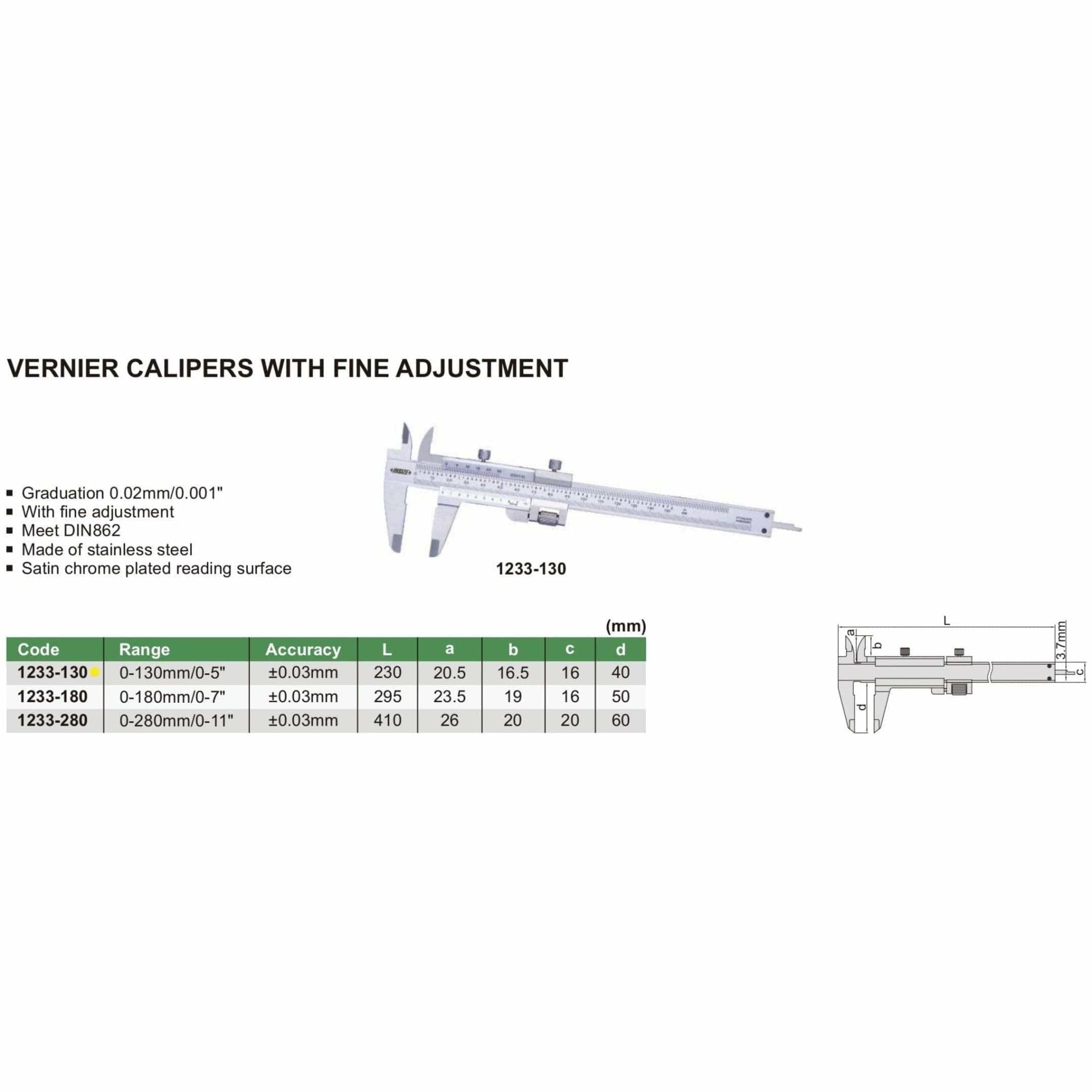 Insize Vernier Caliper 0-130mm/0-5" Range Series 1233-130 - Twin Eagle Imports