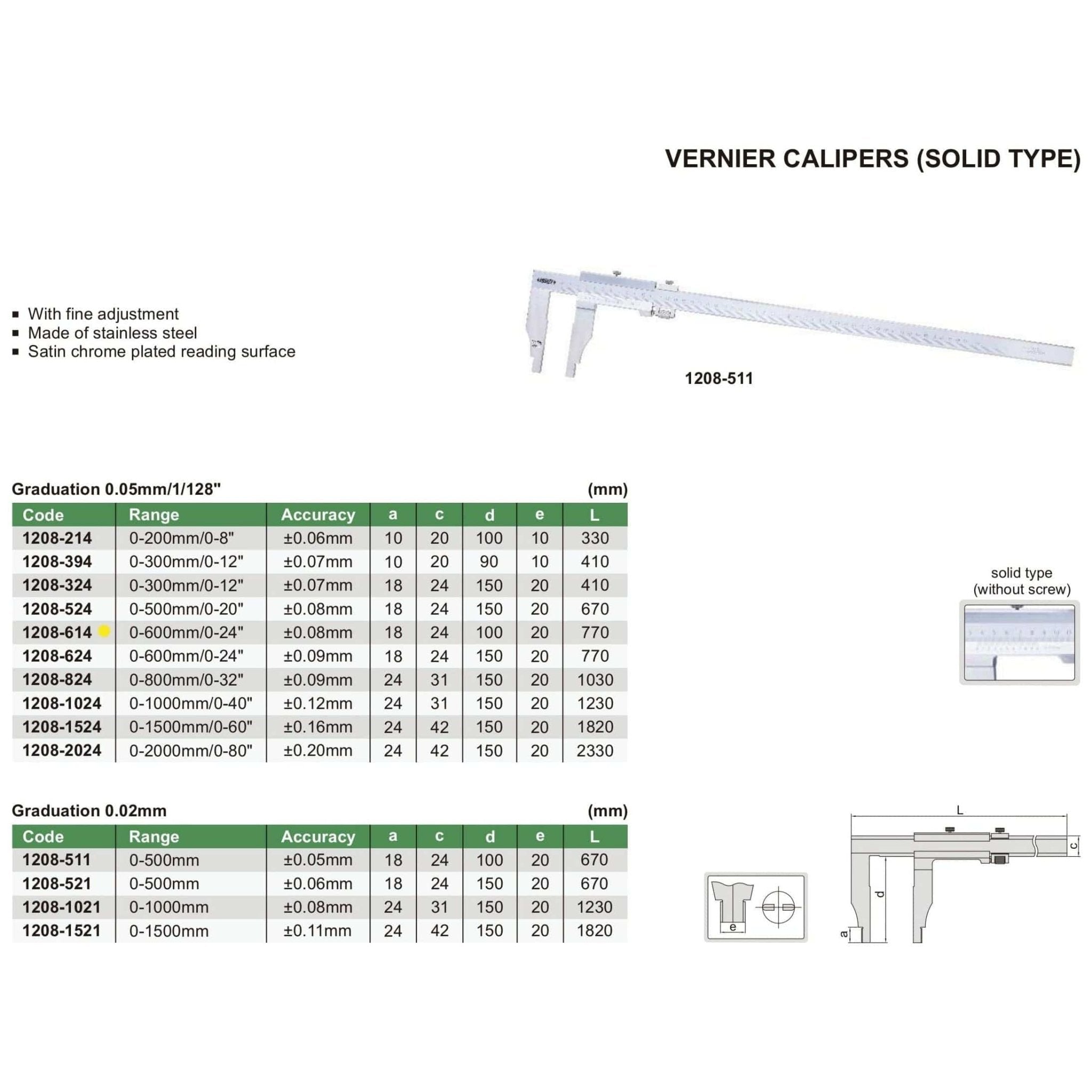 Insize Vernier Caliper 0-600mm/0-24" Range Series 1208-614 - Twin Eagle Imports