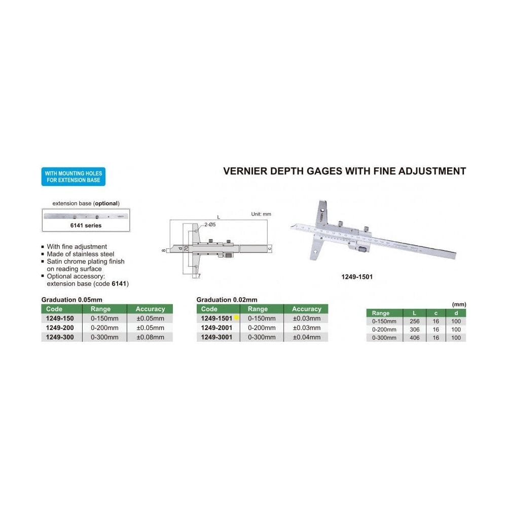 Insize Vernier Depth Gauge 0-150mm Range Series 1249-1501 - Twin Eagle Imports
