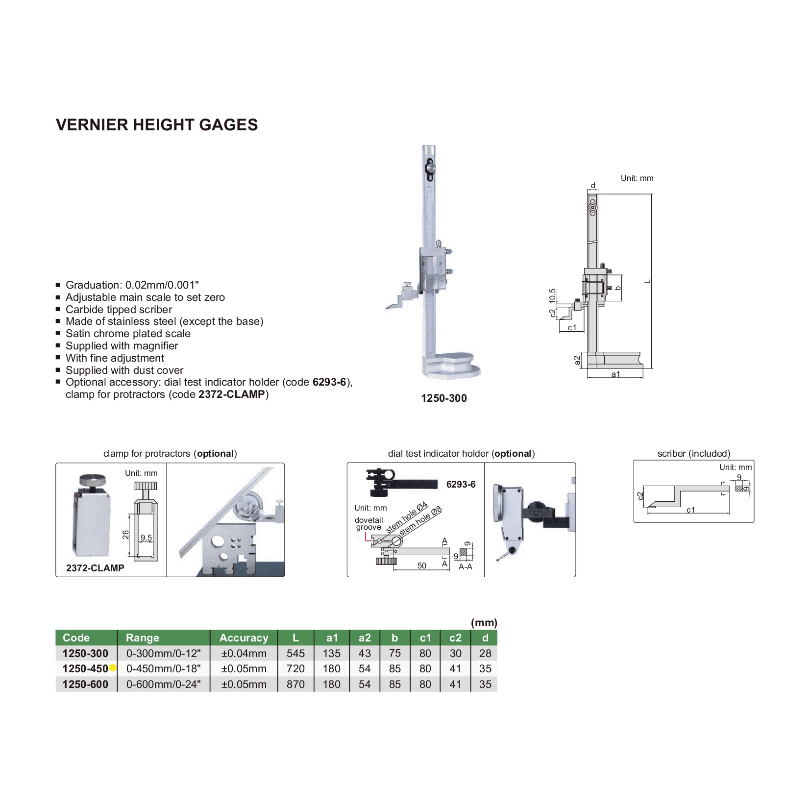 Insize Vernier Height Gauge 0-450mm / 0-18" Range Series 1250-450 - Twin Eagle Imports