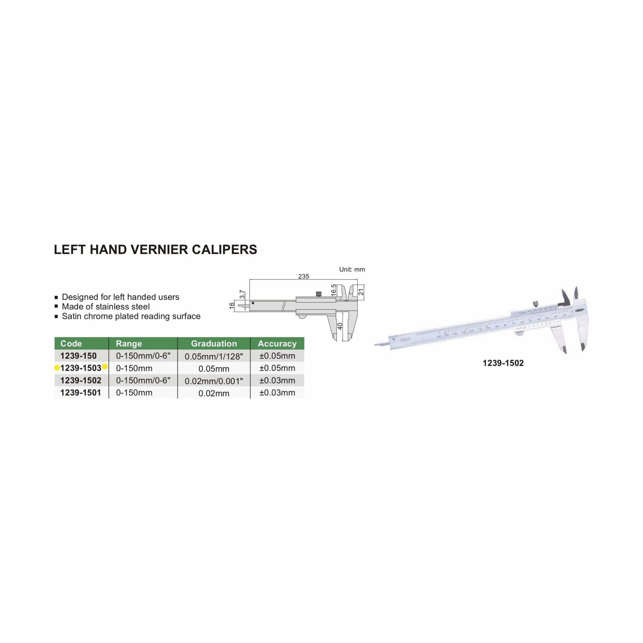 Insize Vernier Left Hand Caliper 0-150mm/0-6" Range Series 1239-1503 - Twin Eagle Imports