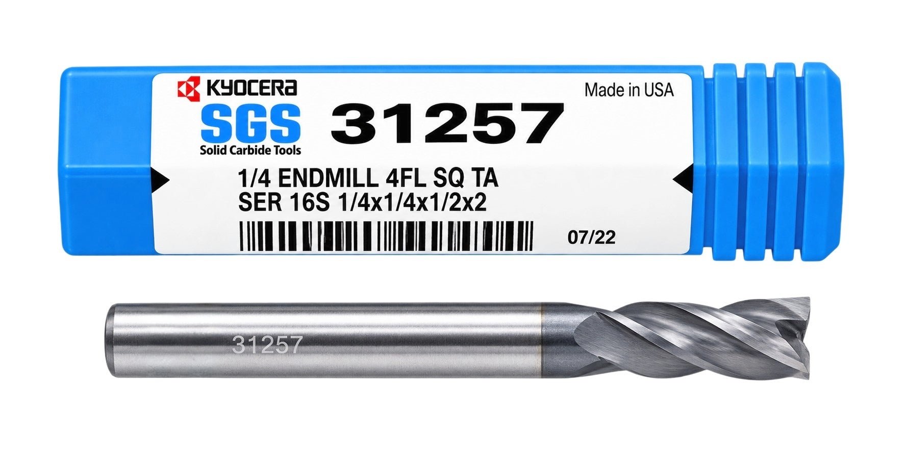 Kyocera SGS 31257 1/4" 4 Flute Ti-NAMITE-A AlTiN Coated Stub Carbide Square End Mill - Twin Eagle Imports