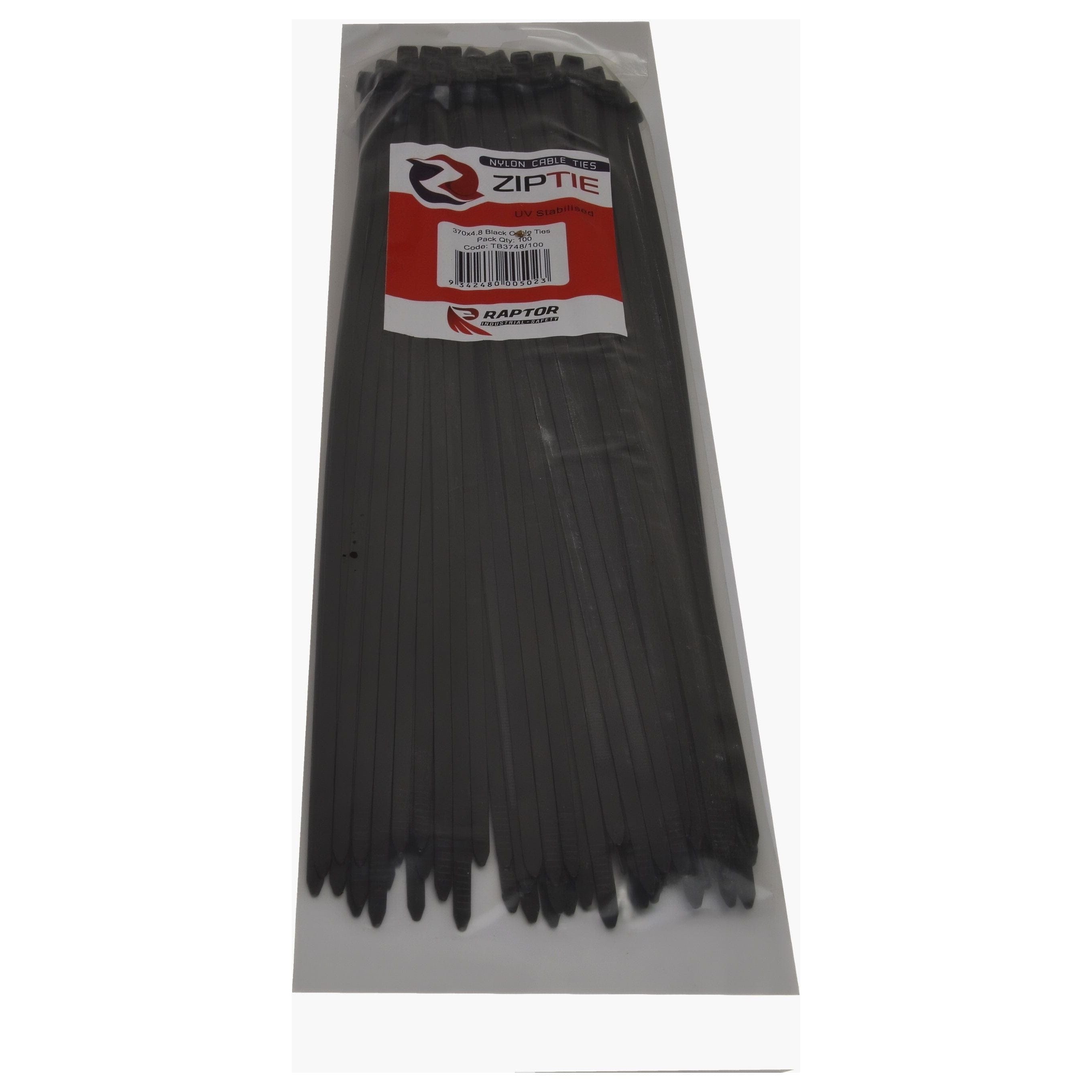Raptor Cable Tie RAPTOR Black 370mm x 4.8mm Medium Duty Cable Ties, 100 Pack