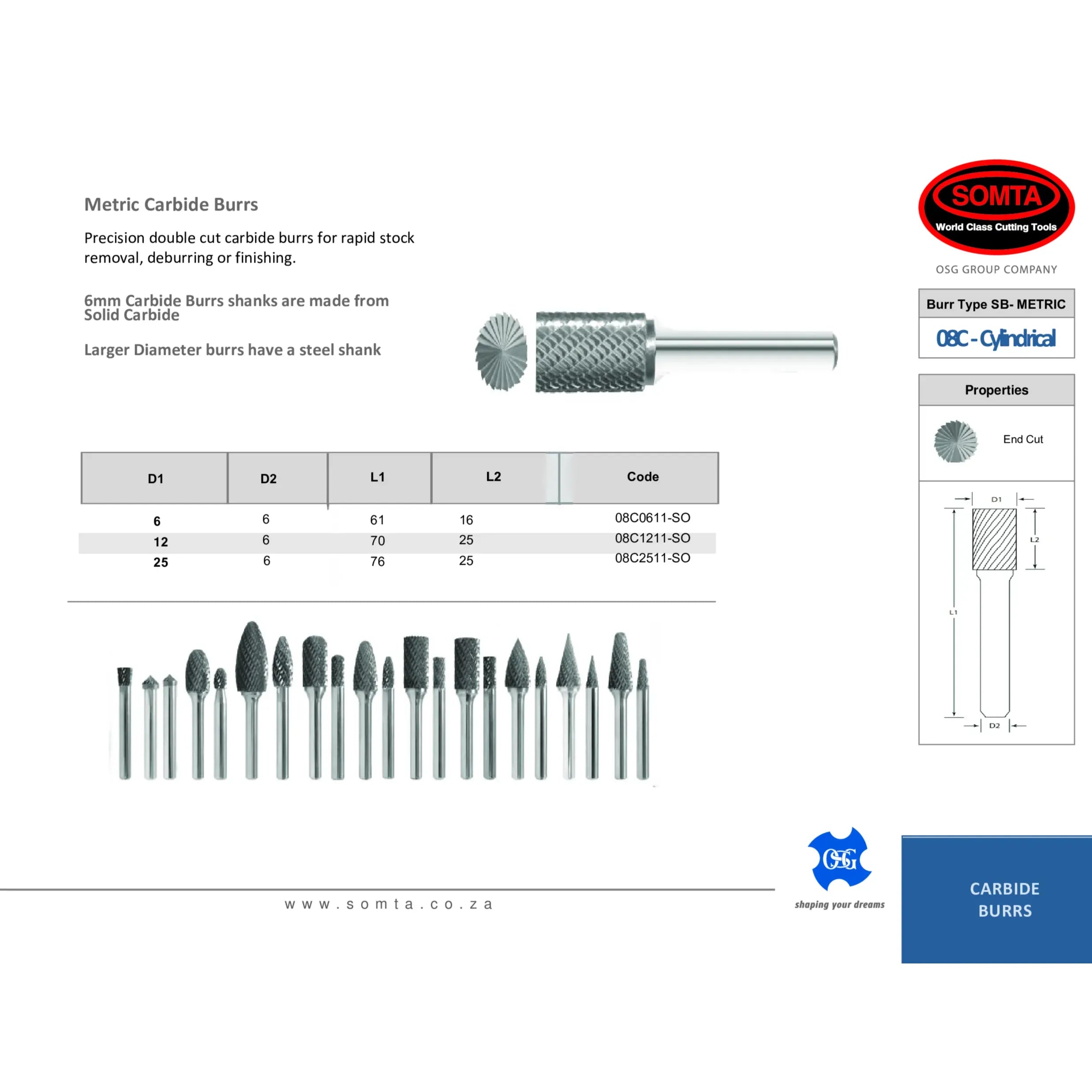 SOMTA CARBIDE BURRS Somta Series 08C – 6mm Double Cut Carbide Burr (Cylindrical End Cut)