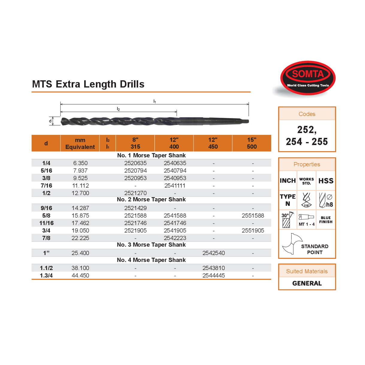 SOMTA DRILLS Somta Series 254 – 5/16" X 12" X 400 MT1 EXTRA LENGTH DRILL