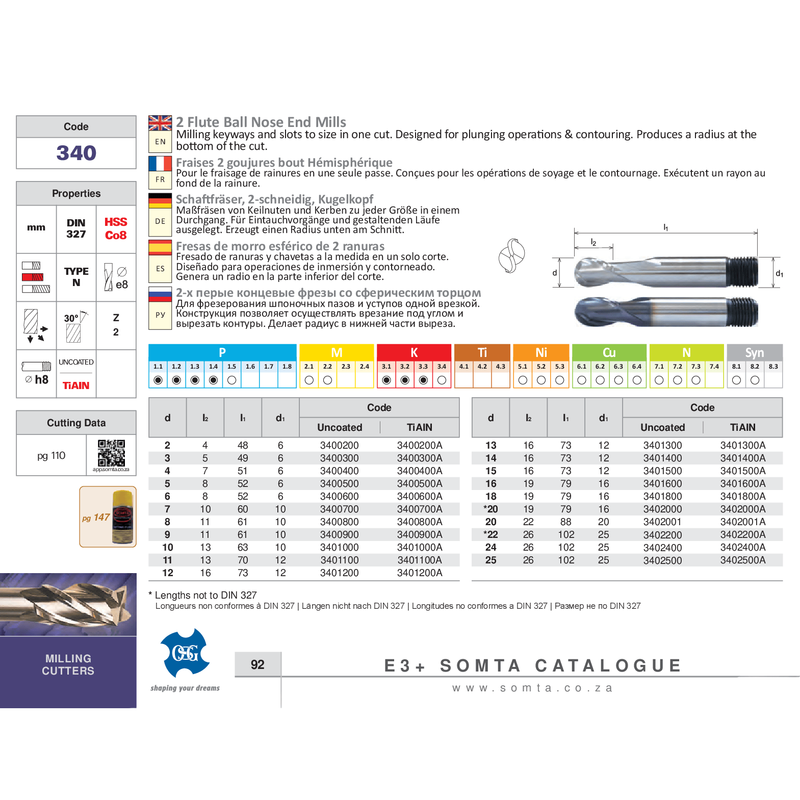 SOMTA Manufacturing Somta Series 340 – 6.0 mm HSS-Co8e 2 Flute Ball Nose End Mill