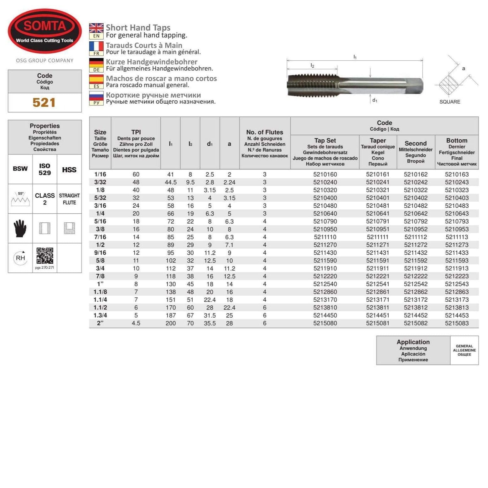 Somta Series 521 - HSS Straight Flute Short Hand Second (Intermediate) Tap BSW 1/2" x 12 TPI - Twin Eagle Imports