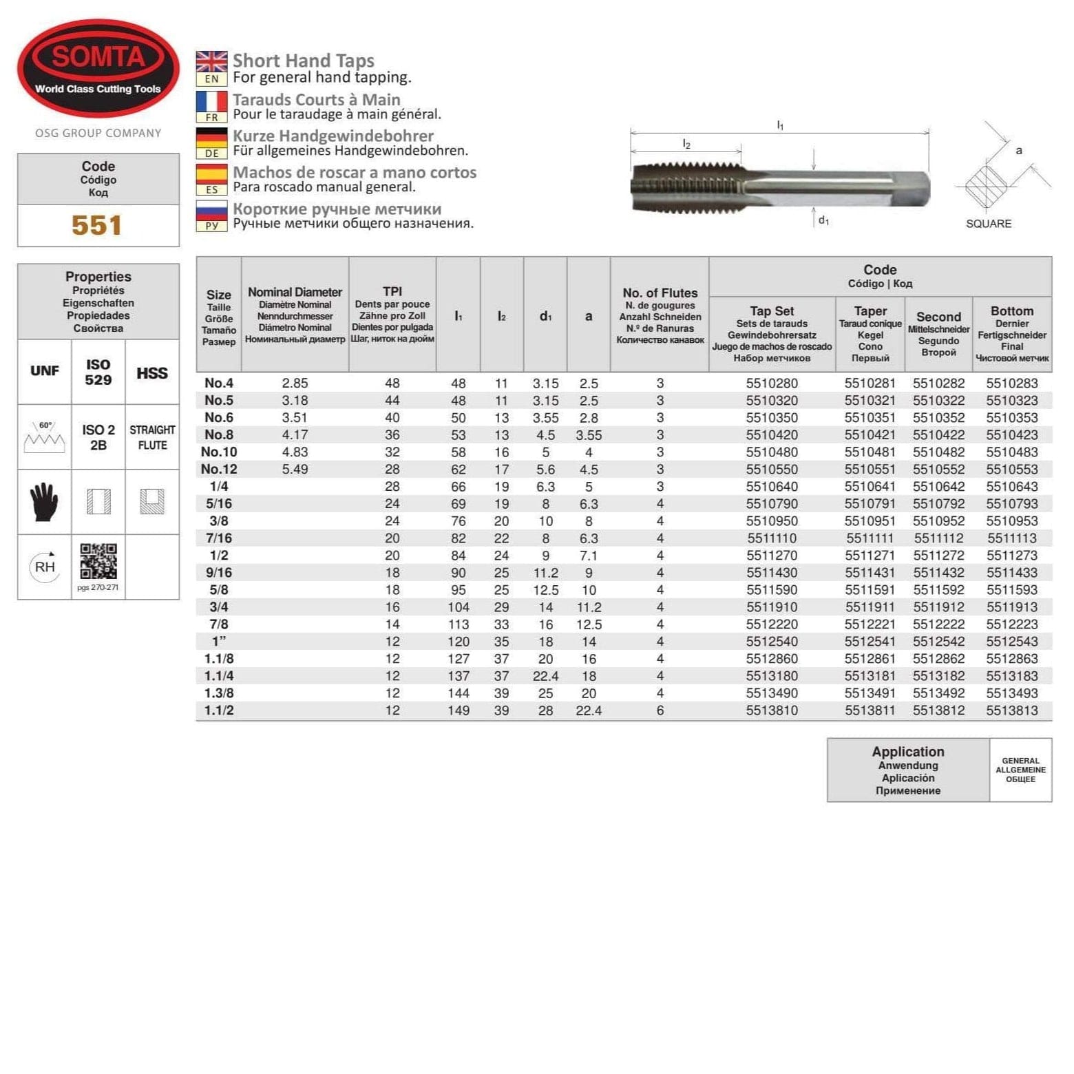 Somta Series 551 - HSS Short Hand Tap No.6 UNF Second (Intermediate) - Twin Eagle Imports