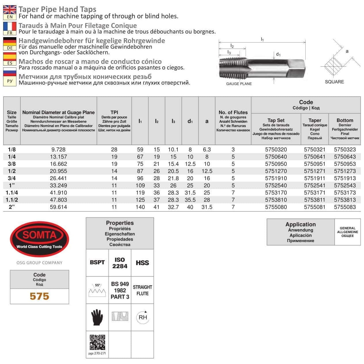 Somta Series 575 - HSS Straight Flute Taper Pipe Hand Bottom (Finishing) Tap BSPT 3/8" x 19 TPI - Twin Eagle Imports
