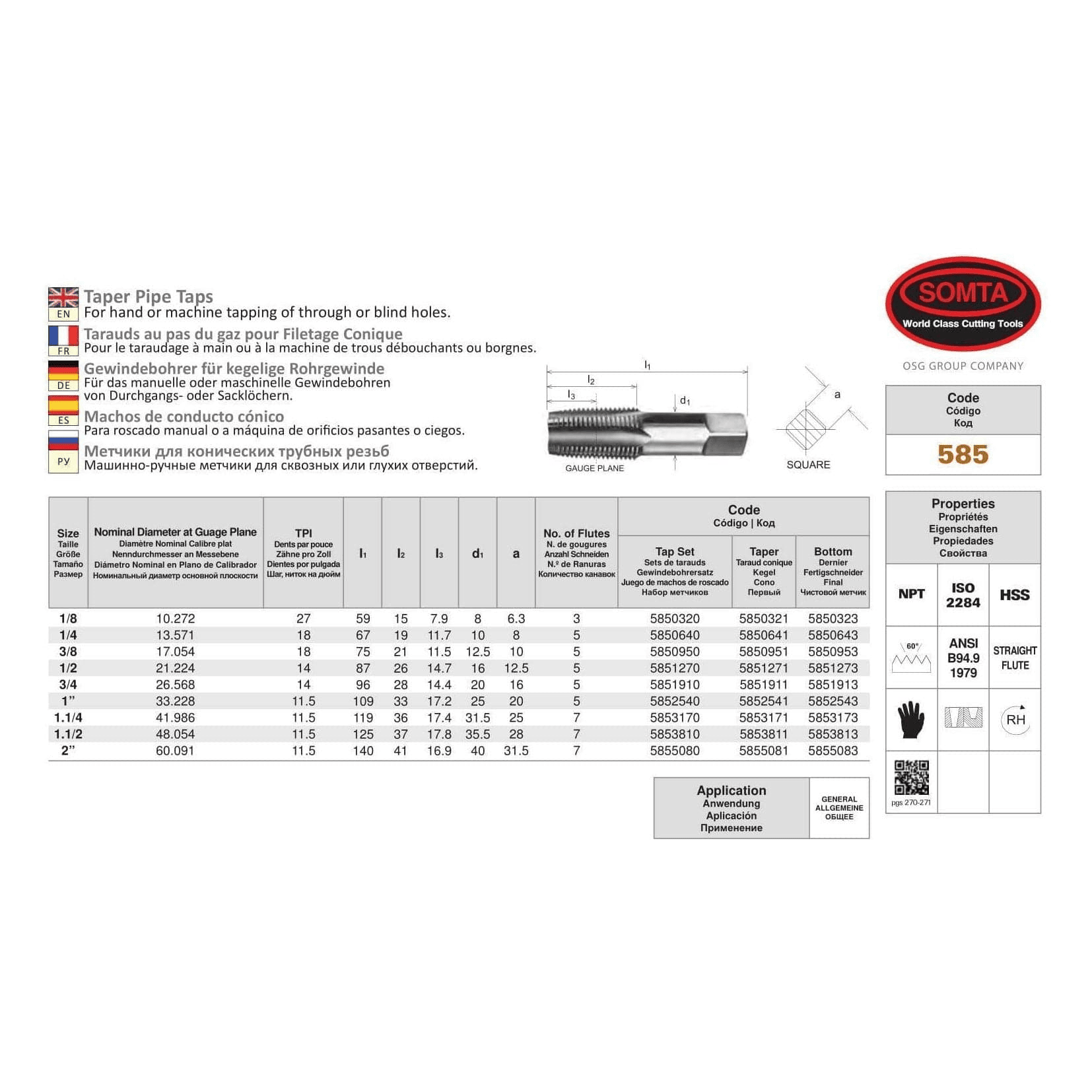 SOMTA - Series 585 HSS NPT Tap 2" (Straight Flute Taper Pipe Bottom Finishing) - Twin Eagle Imports