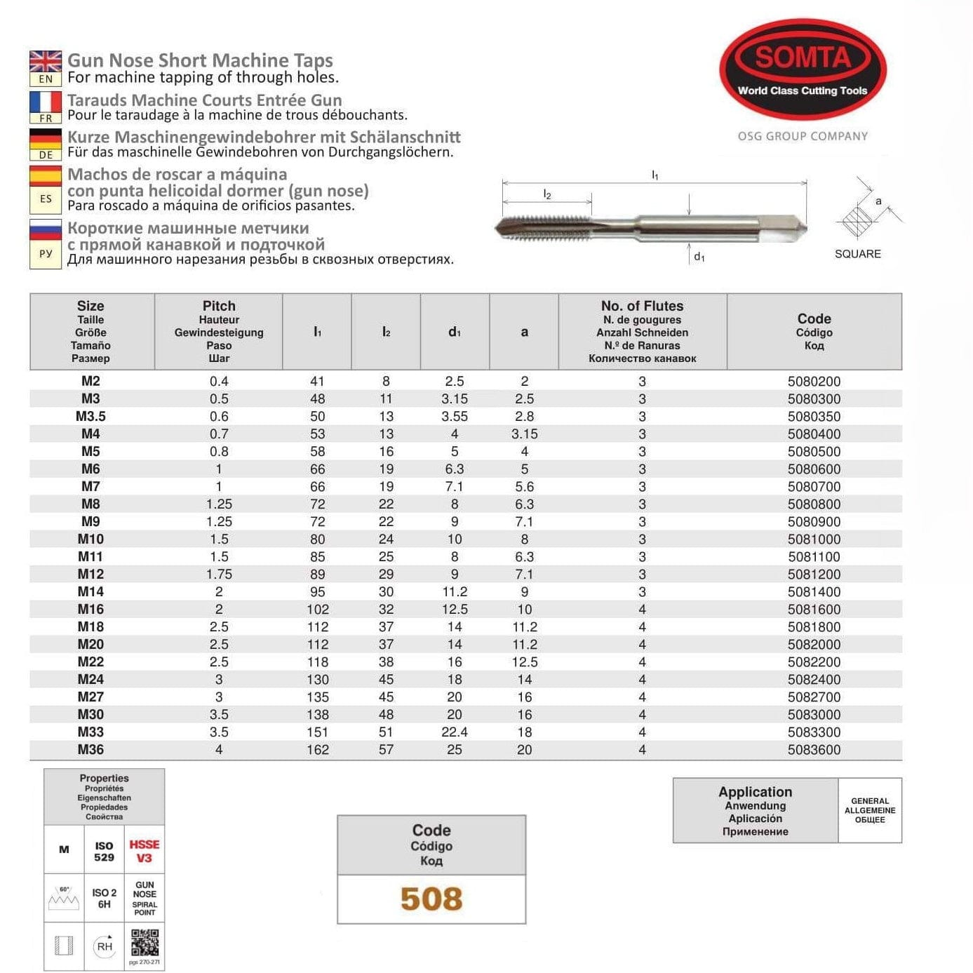 SOMTA Taps & Dies Somta Series 508 - HSSE-V Gun Nose Tap Metric M8 x 1.25 (Standard)