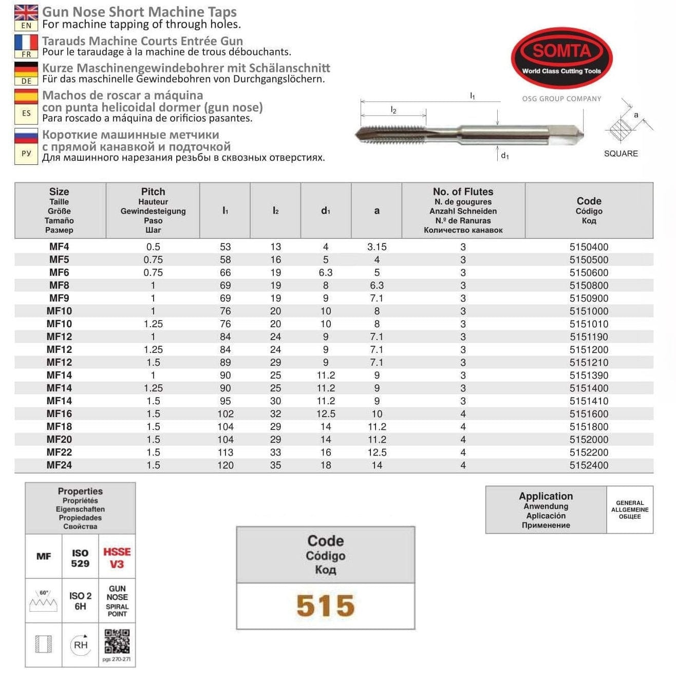SOMTA Taps & Dies Somta Series 515 - HSSE-V Gun Nose Tap Metric M12 x 1.25 (Fine, Standard)