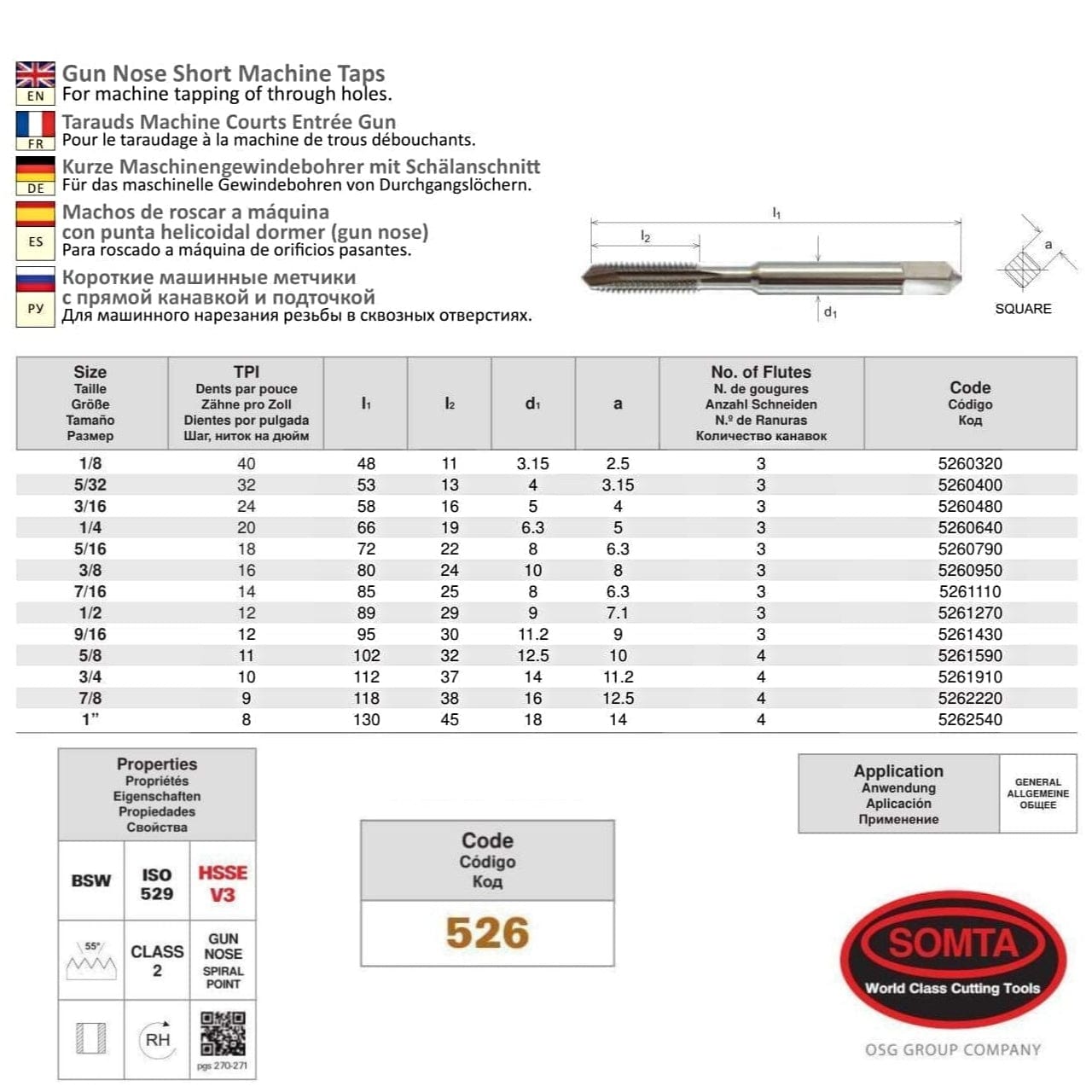 SOMTA Taps & Dies Somta Series 526 - HSSE-V Gun Nose Tap BSW 9/16" (Standard)