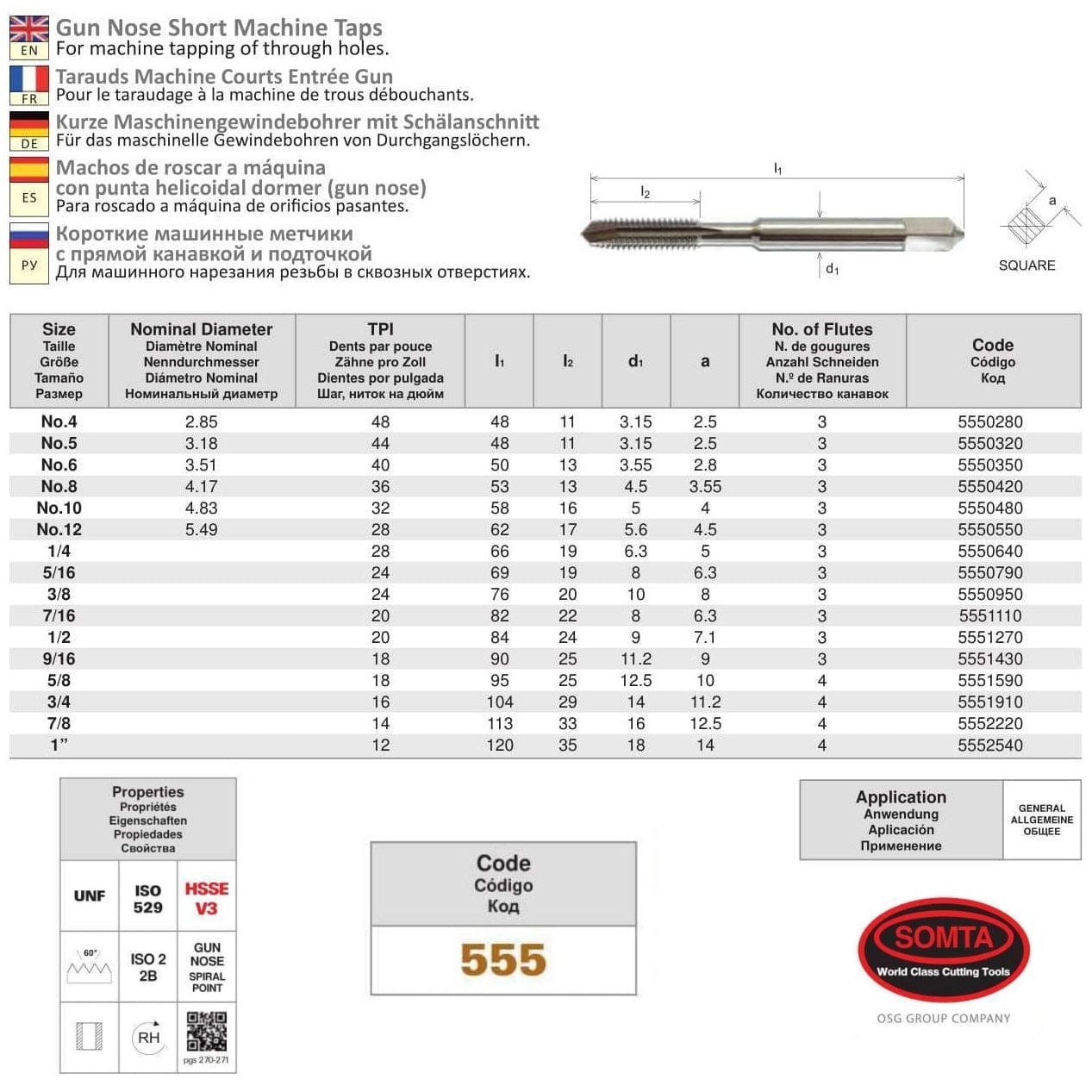 SOMTA Taps & Dies Somta Series 555 - HSSE-V Gun Nose Tap UNF No.10 (Standard)