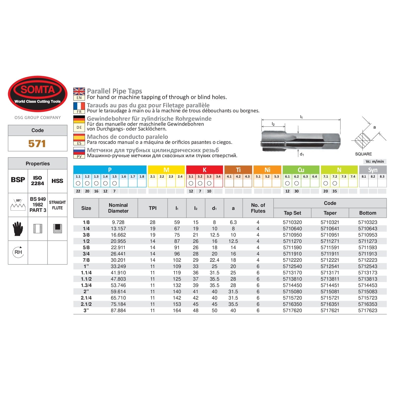 SOMTA Taps & Dies Somta Series 571 - HSS Straight Flute Parallel Pipe Bottom (Finishing) Tap BSP-G 3/8 x 19 TPI