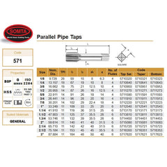 SOMTA Taps & Dies Somta Series 571 - HSS Straight Flute Parallel Pipe Taper (First Tap) BSP-G 3/8" x 19 TPI