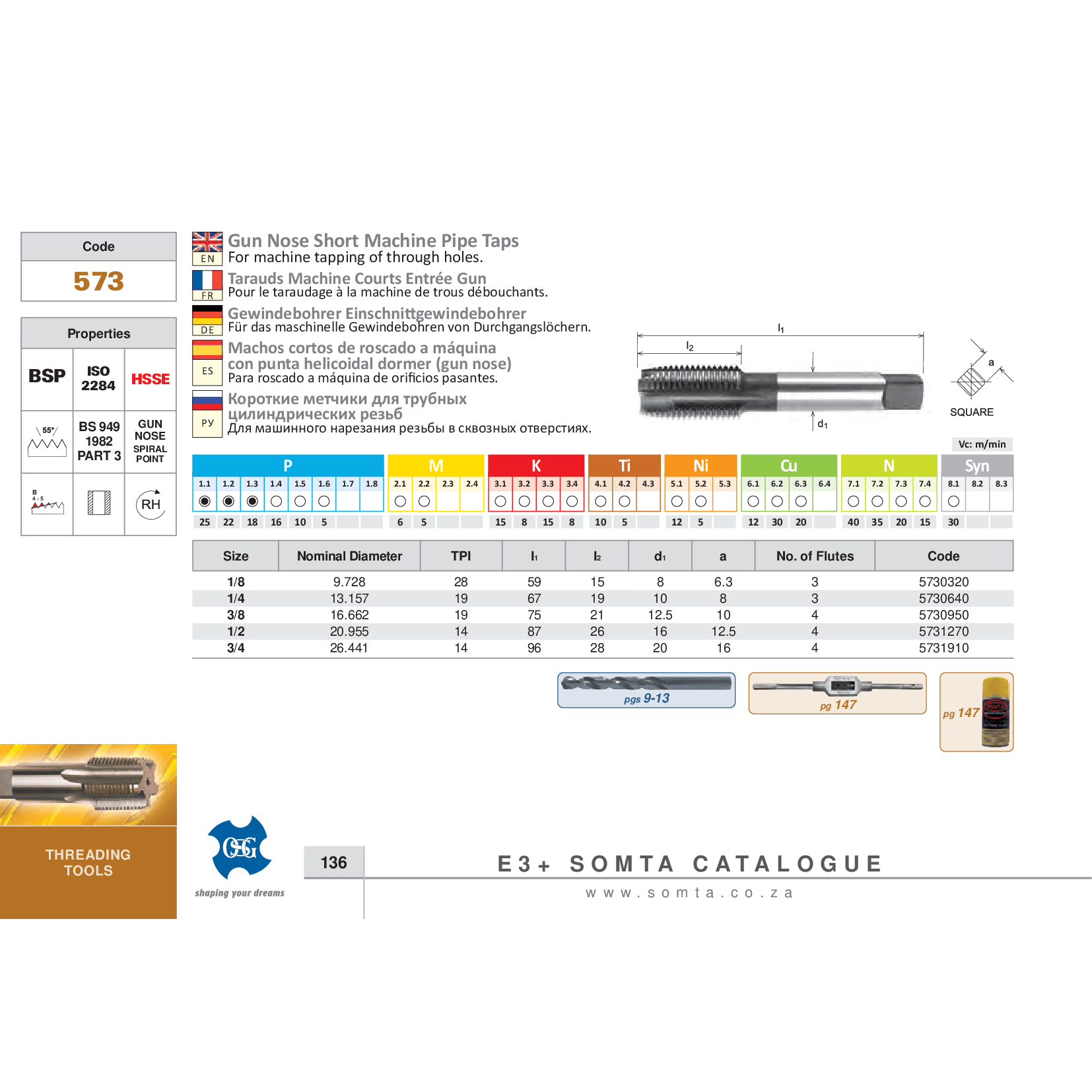 SOMTA Taps & Dies Somta Series 573 – HSS Gun Nose Tap BSP-G 1/2" (Standard)