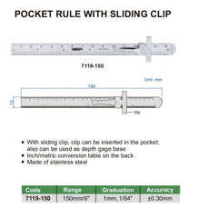 Stainless Steel Pocket Ruler with depth gauge 0-150mm Series 7119-150 - Twin Eagle Imports