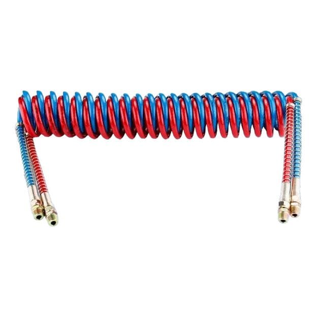 TEI Air Hose 15FT Air Brake Coiled Hose Set – Blue Service & Red Emergency Lines with 12" Leads