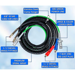 TEI Truck Electrical Heavy Duty 3-in-1 ABS Trailer Air Line Kit – 12 Ft Rubber Air Hoses with Power Line