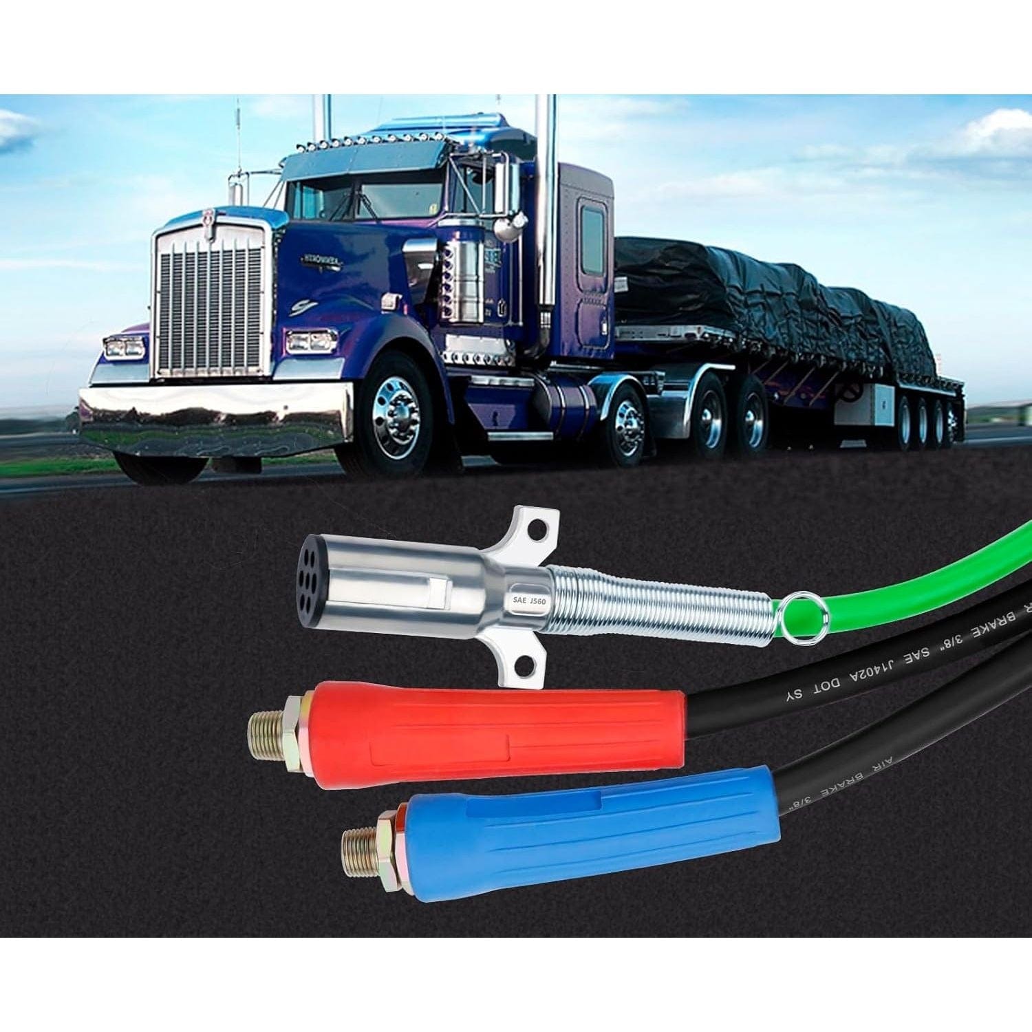 TEI Truck Electrical Heavy Duty 3-in-1 ABS Trailer Air Line Kit – 15 Ft Rubber Air Hoses with Power Line