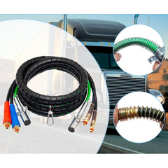 TEI Truck Electrical Heavy Duty 3-in-1 ABS Trailer Air Line Kit – 15 Ft Rubber Air Hoses with Power Line