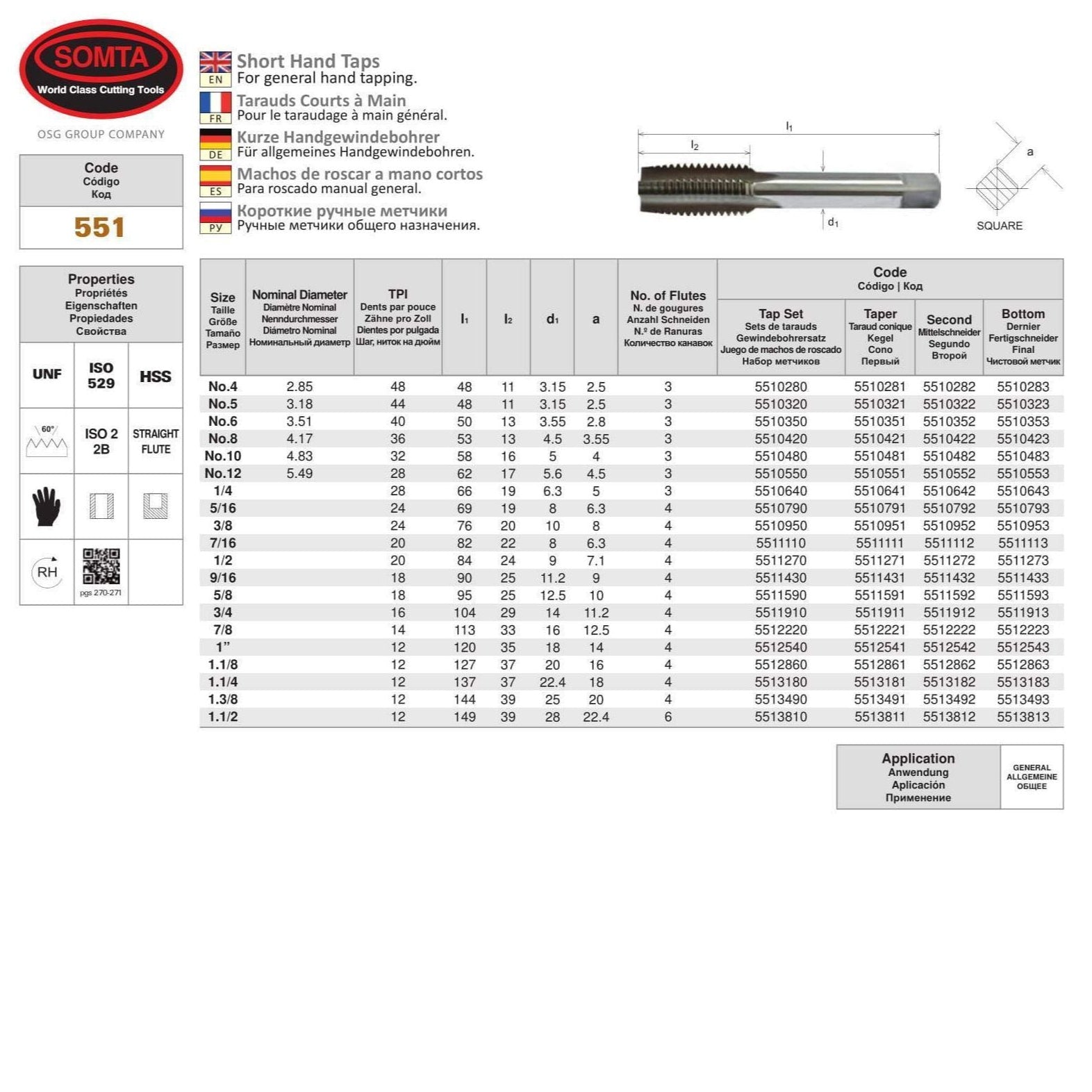 Somta Series 551 - HSS Short Hand Tap No.4 UNF Second (Intermediate)